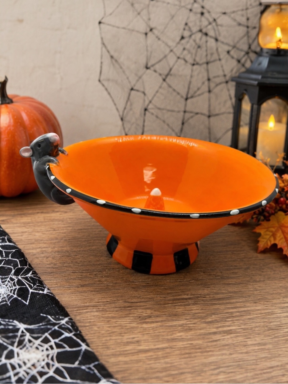 Ganz Halloween Candy Bowl Mouse Candy Corn Orange Ceramic Dish Black Stripes 6”